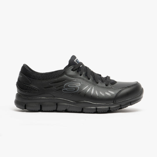 Side view of Skechers Work 76551EC ELDRED SR Womens Occupational Shoes Black, leather upper, rubber sole, slip resistant, memory foam.