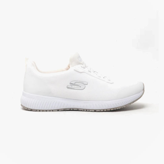 Side view of Skechers Work 77222EC SQUAD SR Womens Occupational Trainers White, slip-on with round toe and slip-resistant sole.