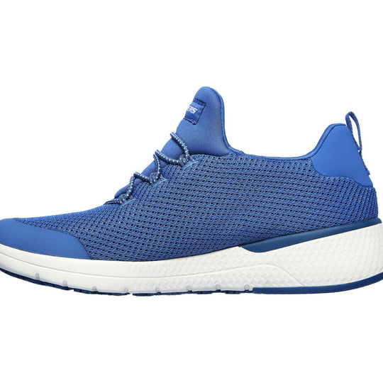 Side view of Skechers Work 77281EC MARSING - WAIOLA SR Womens Occupational Trainers Blue with mesh upper and flat sole.