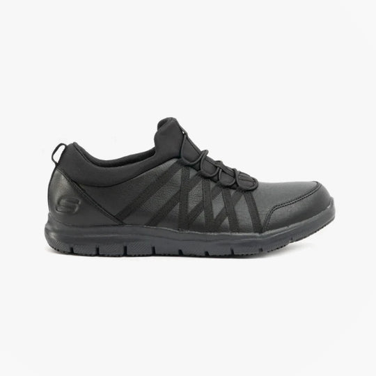 Side view of Skechers Work 77283EC GHENTER SR Womens Occupational Trainers Black, slip-resistant, leather and fabric upper.