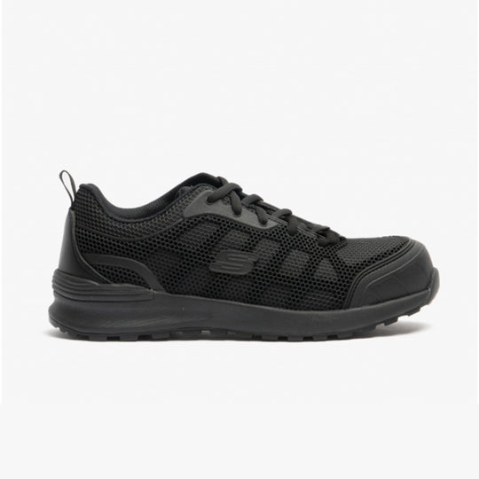 Skechers Work 77289EC BULKLIN - AYAK Womens Safety Trainers Black side view showing lace-up design and scuff-resistant toe.