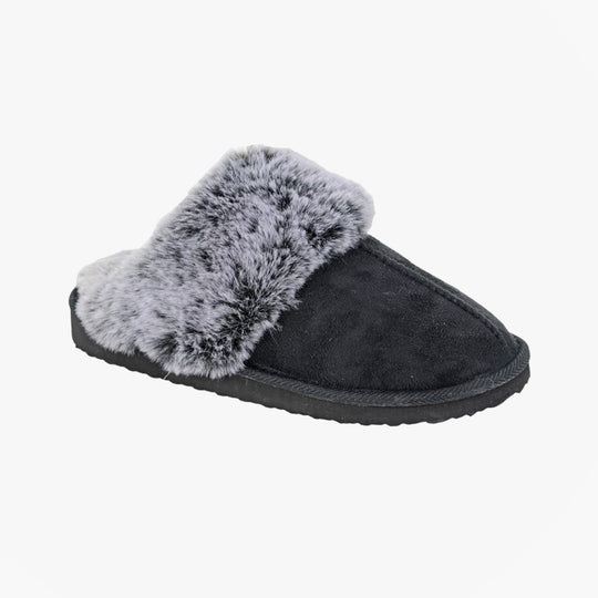 Sleepers JEANIE Womens Mules Slippers Black side view featuring faux fur lining and microfibre upper.