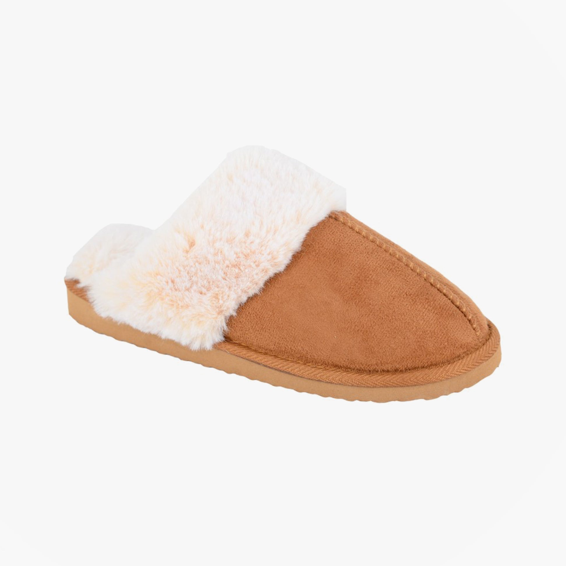Sleepers JEANIE Womens Mules Slippers Tan side view with faux fur lining and slip-on design.