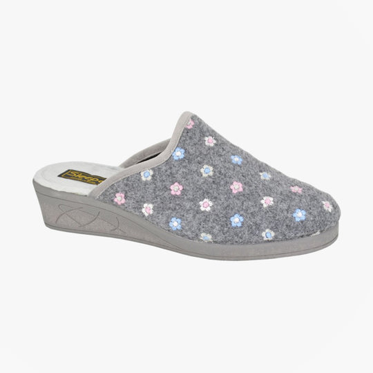 Sleepers JOSEPHINE Womens Mules Slippers Grey side view showing floral design and low wedge sole.