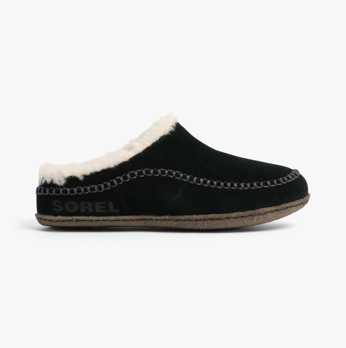 Sorel LANNER Mens Slippers Black side view showing comfortable suede upper and soft warm lining.