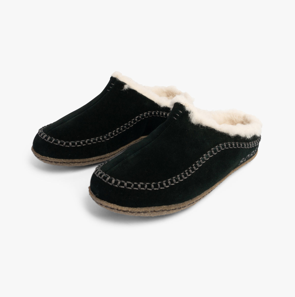 Sorel LANNER Mens Slippers Black side view showing suede upper and warm lining.