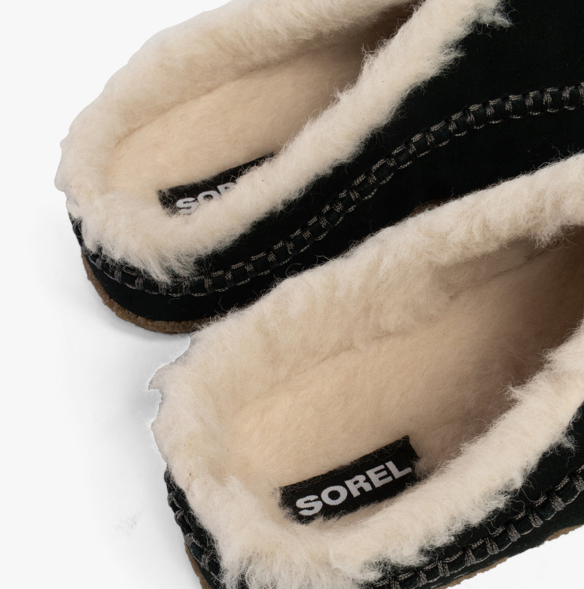 Sorel LANNER Mens Slippers Black top view showing soft wool lining and suede upper details.