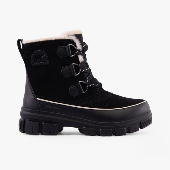 Sorel TORINO V Womens Winter Boots Black side view with suede upper, lace-up closure, and rubber sole for comfort and waterproofing.
