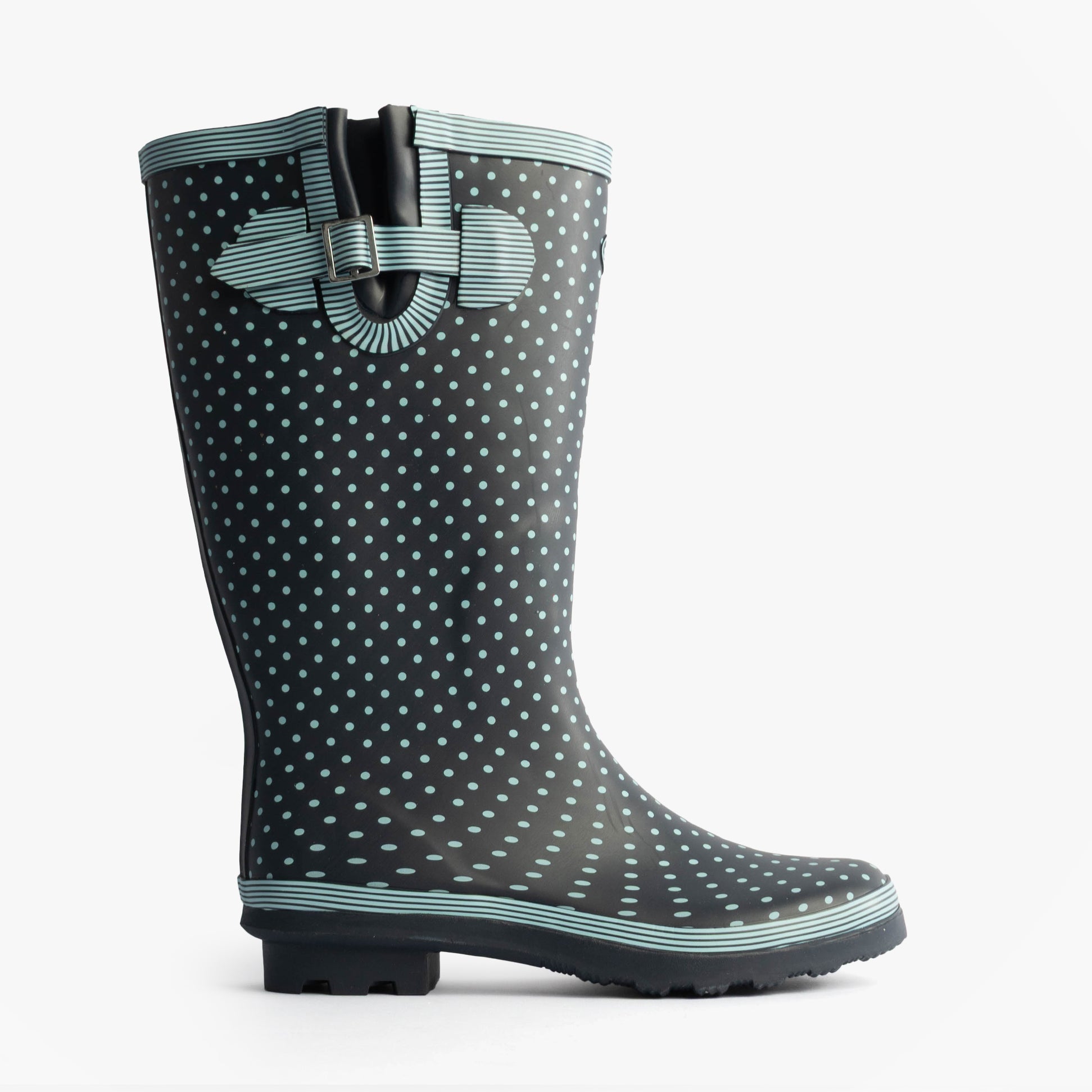 Stormwells DOTTY Womens Rubber Wellington Boots Pale Blue Polka Dot/Navy
