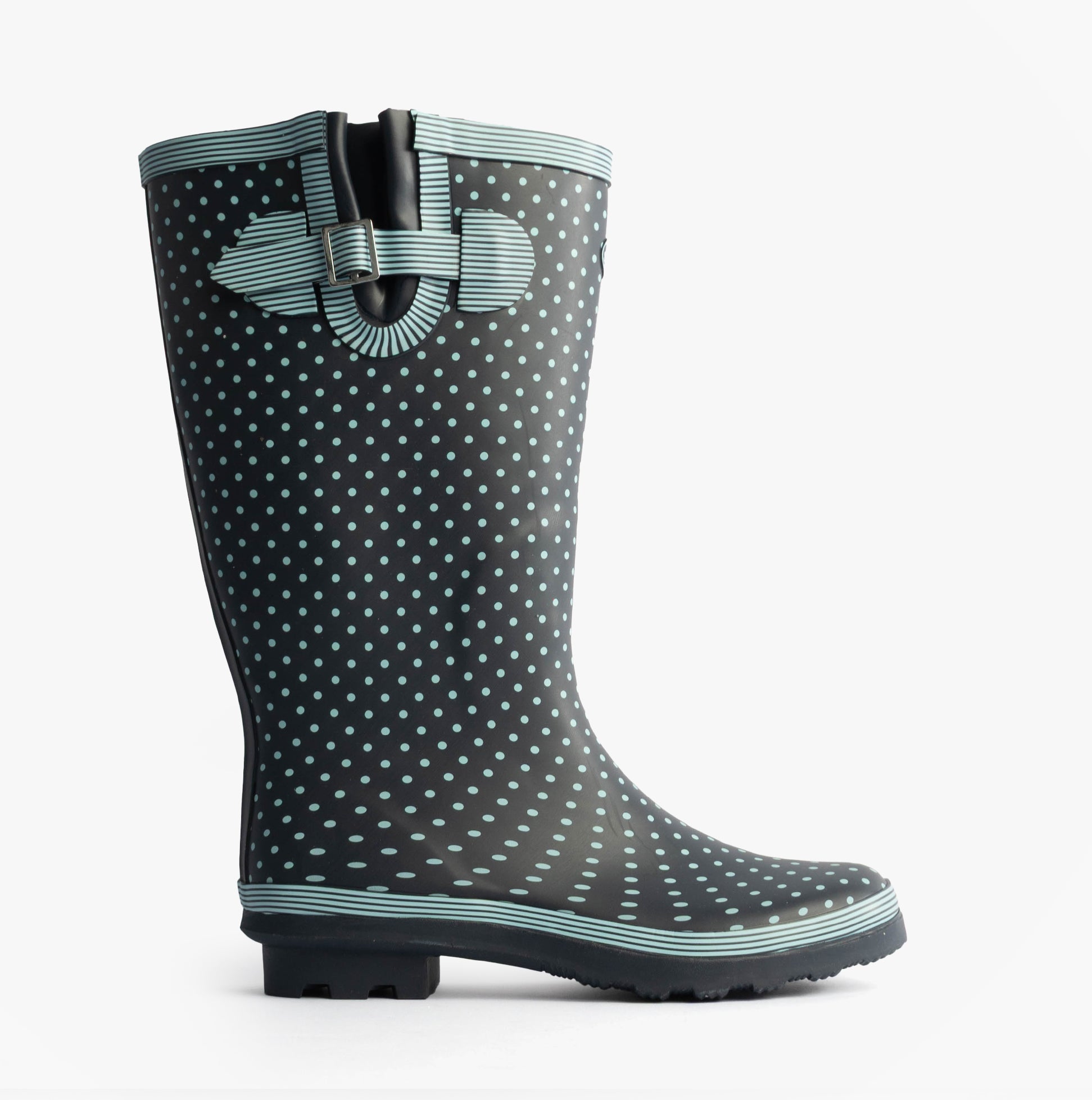 Stormwells DOTTY Womens Rubber Wellington Boots Pale Blue Polka Dot/Navy