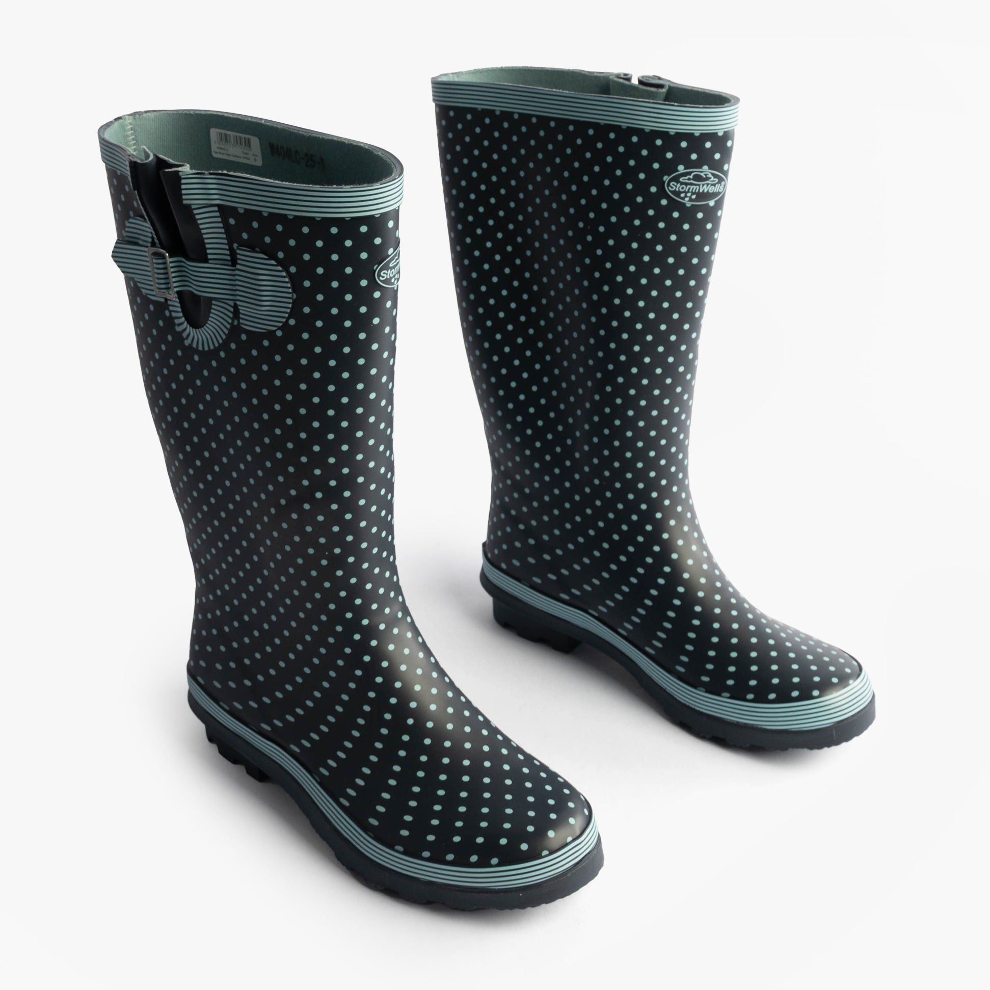 Stormwells DOTTY Womens Rubber Wellington Boots Pale Blue Polka Dot/Navy