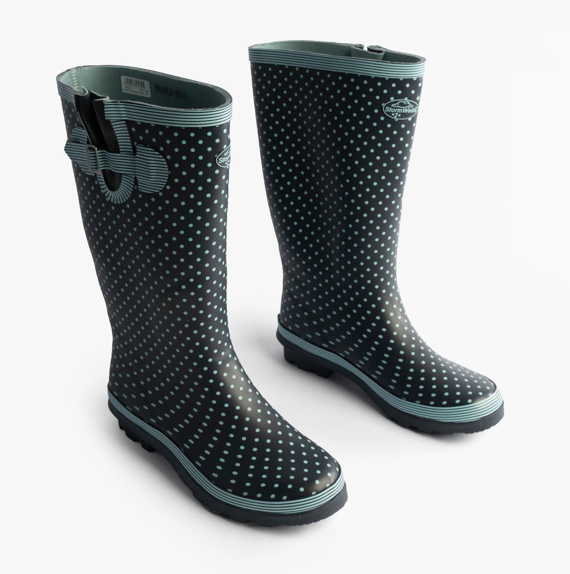 Stormwells DOTTY Womens Rubber Wellington Boots Pale Blue Polka Dot/Navy
