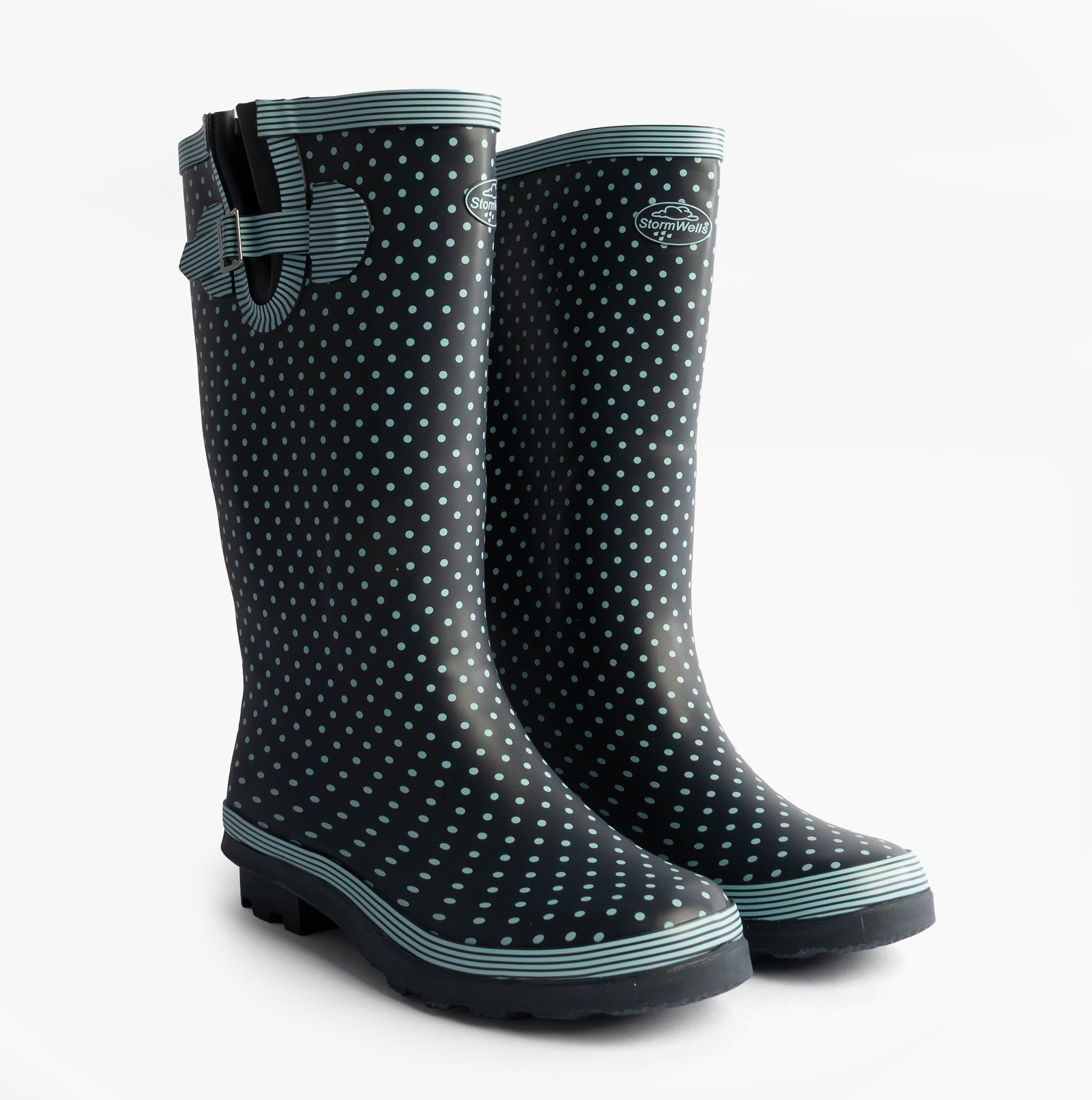 Stormwells DOTTY Womens Rubber Wellington Boots Pale Blue Polka Dot/Navy