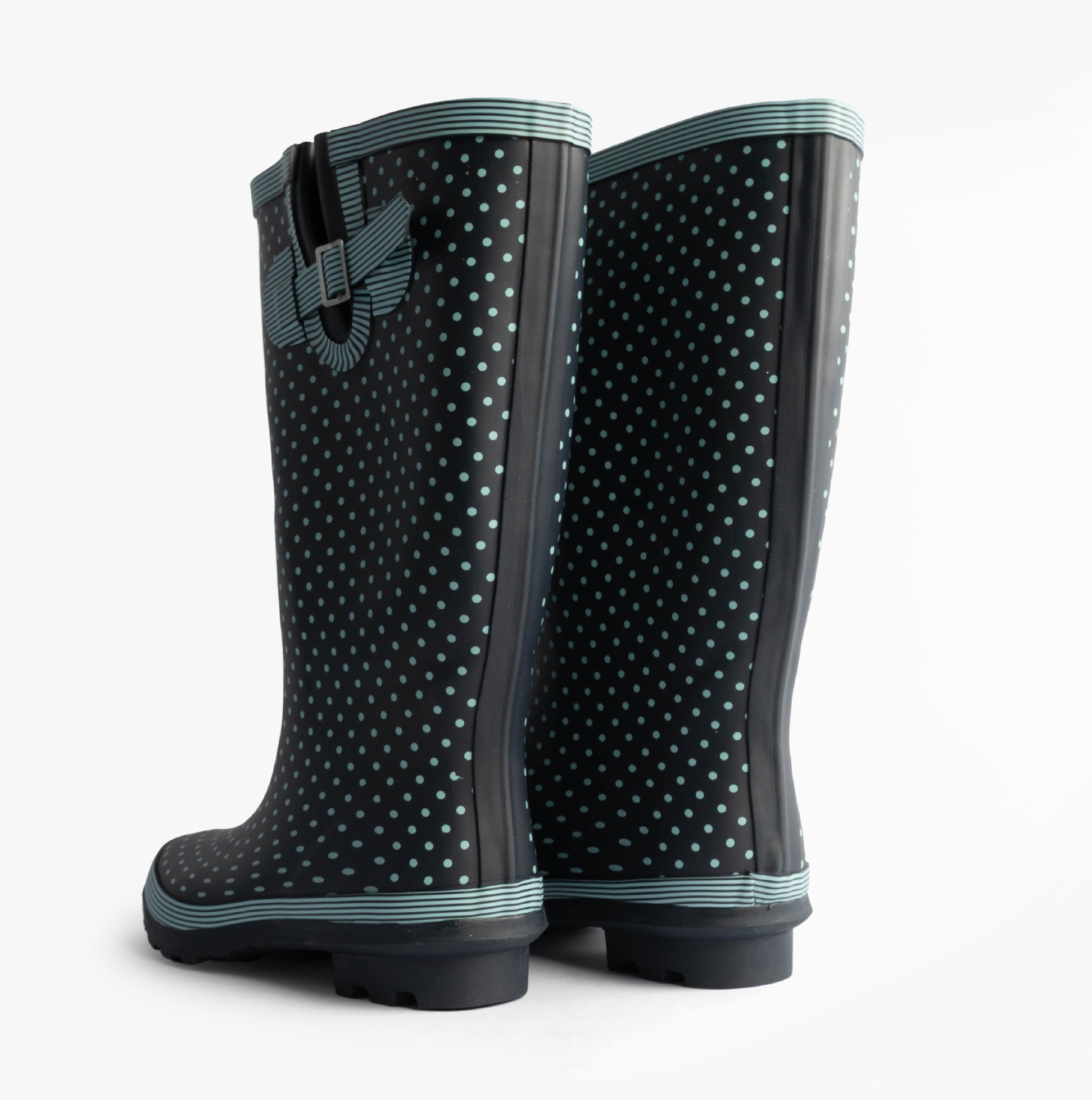 Stormwells DOTTY Womens Rubber Wellington Boots Pale Blue Polka Dot/Navy