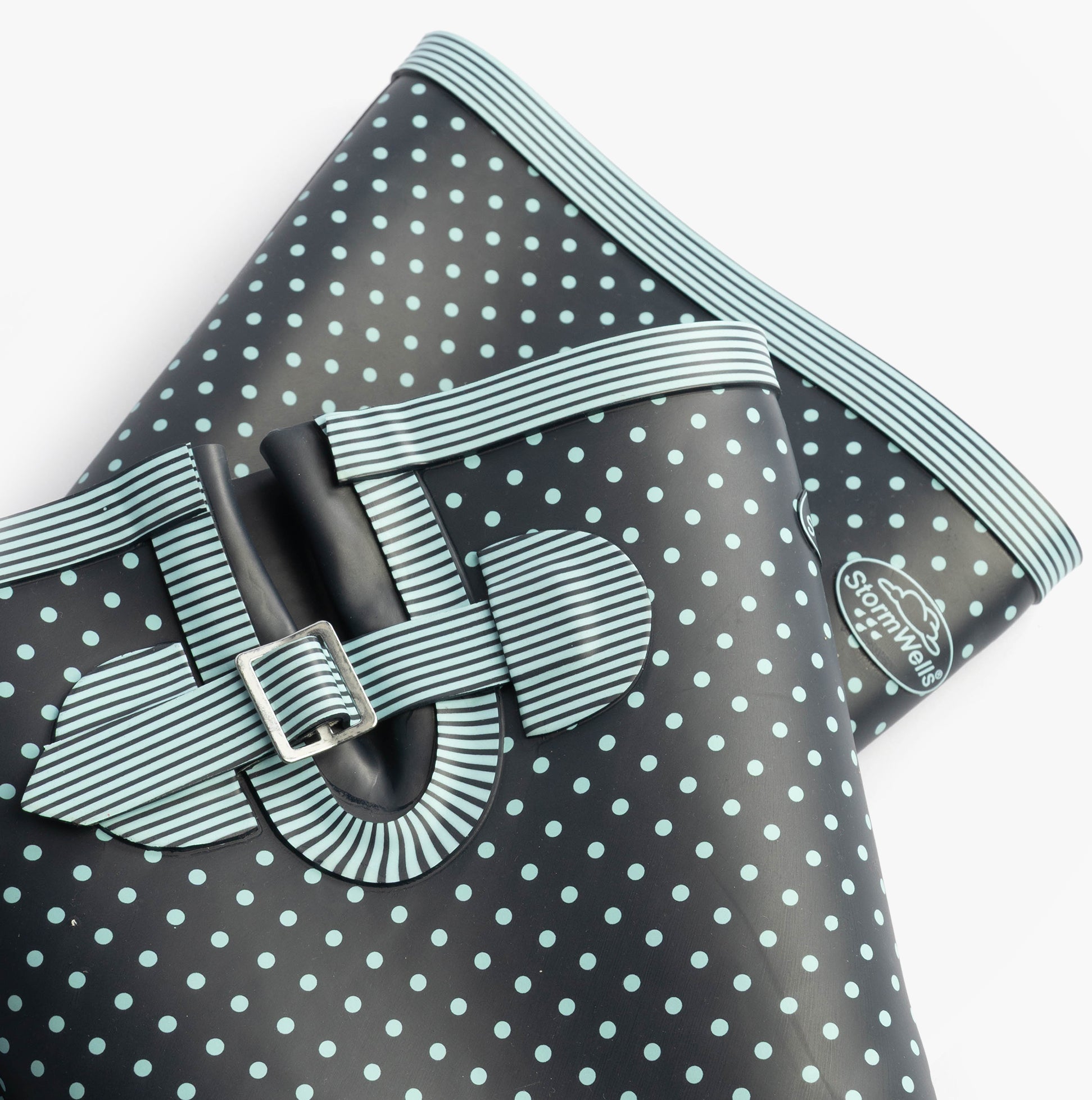 Stormwells DOTTY Womens Rubber Wellington Boots Pale Blue Polka Dot/Navy