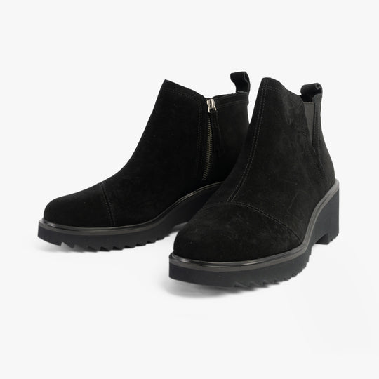 TOMS MAUDE Womens Boots Black side view showing suede material and zip closure with elasticated side panels.