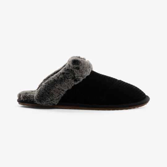 TOMS VALERIE Womens Slippers Black side view showing textile upper and warm lining.