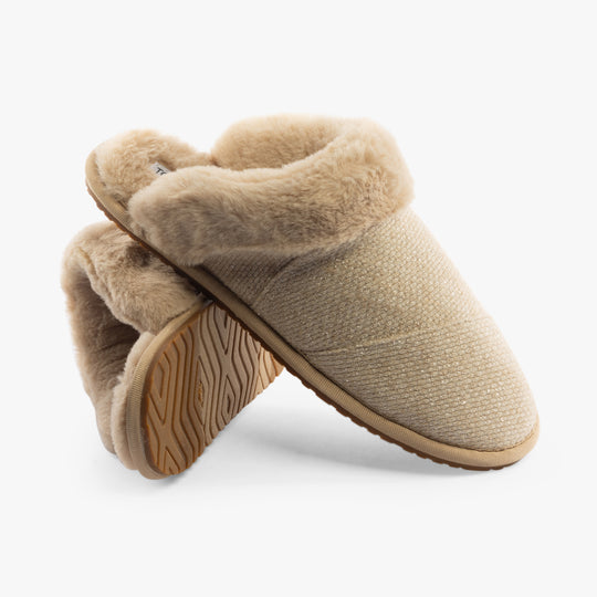 TOMS VALERIE Womens Slippers Natural side view with plush lining and rubber sole.