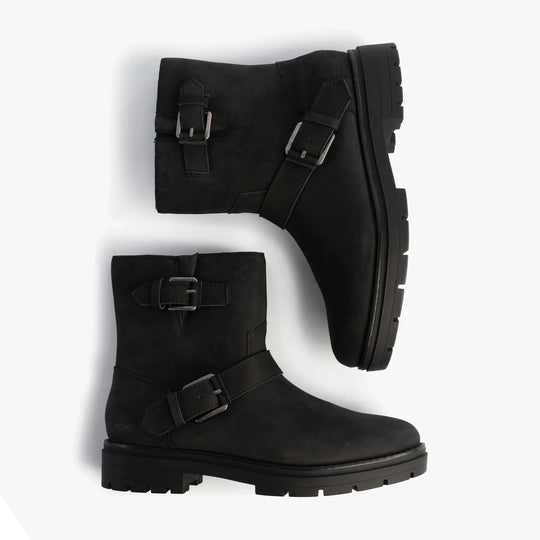 TOMS IONIE MOTO Womens Ankle Boots Black side view with buckles and rubber sole.