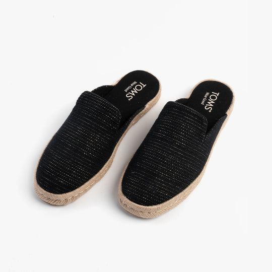 TOMS SANTIAGO MULE Womens Espadrille Black top view showcasing suede upper and slip-on design