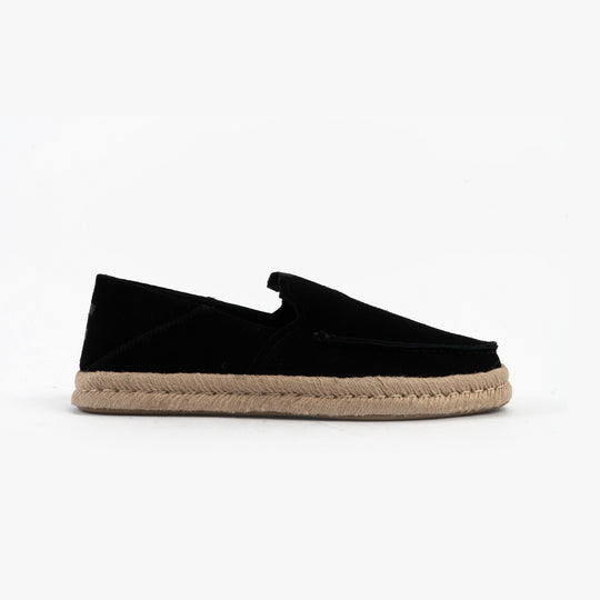TOMS ALONSO LOAFER ROPE Mens Espadrille Black side view of suede slip-on shoe with rope sole.
