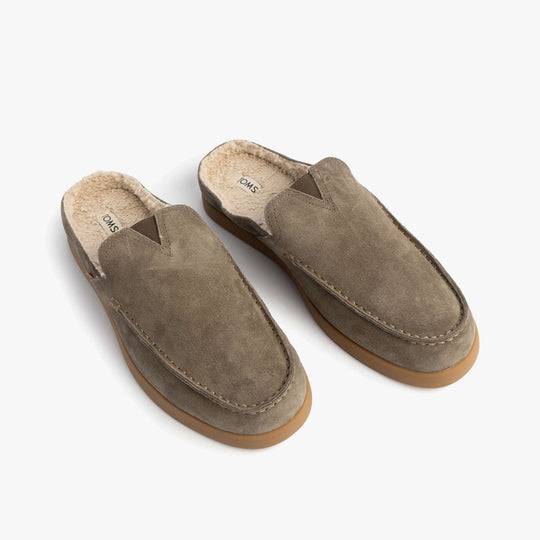 TOMS ALONSO MULE Mens Faux Shearling Lined Slippers Olive top view with soft shearling lining and suede leather upper.