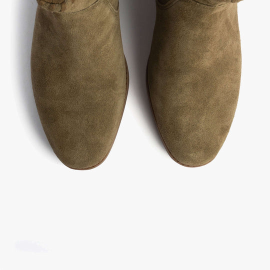TOMS DELILAH Womens Ankle Boots Olive top view showcasing the soft suede upper and round toe design.