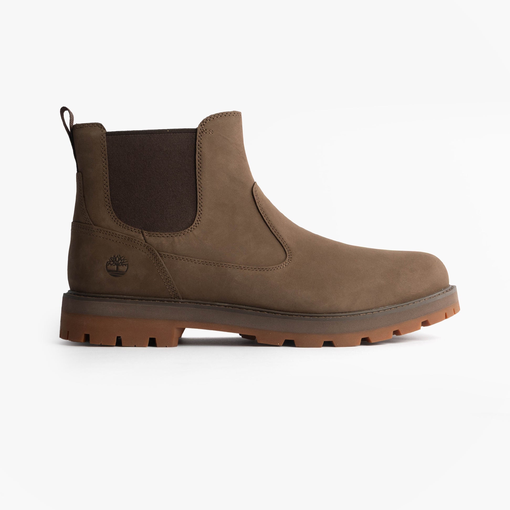 Timberland BRITTON ROAD MID Mens Chelsea Boots Brown Nubuck side view showcasing the round toe and pull-on design.