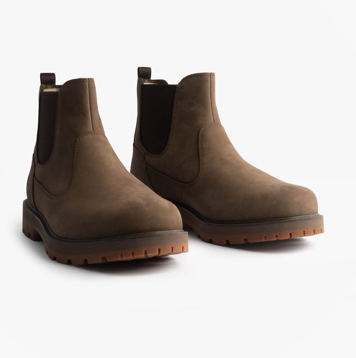 Timberland BRITTON ROAD MID Mens Chelsea Boots Brown Nubuck side view showcasing Chelsea boot style and nubuck material.