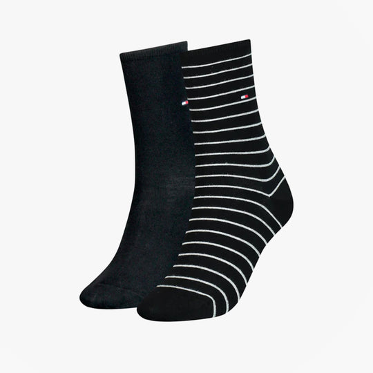 Tommy Hilfiger 2 Pack Womens Crew Stripe Socks Black side view showing solid black and striped designs.