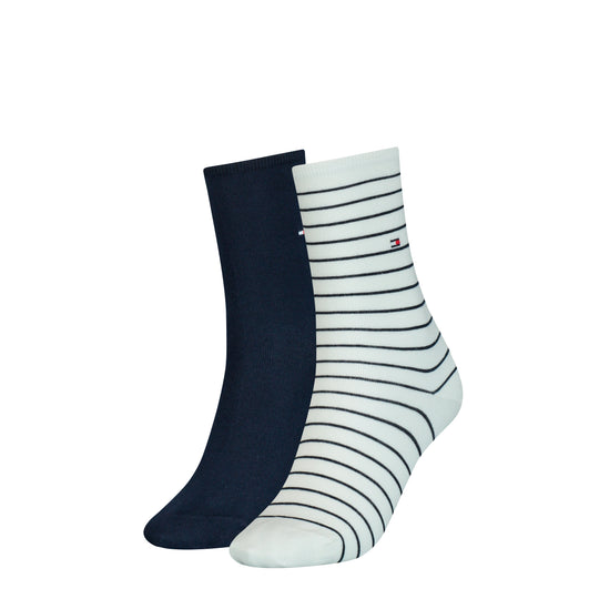 Tommy Hilfiger 2 Pack Womens Crew Stripe Socks White front view showing white striped sock and solid navy sock.
