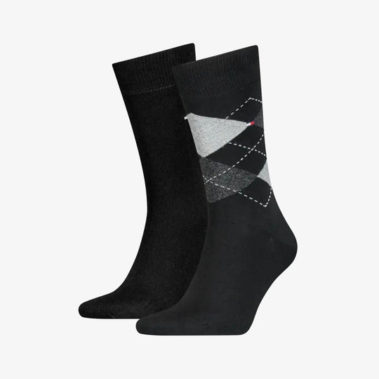 Tommy Hilfiger 2 Pack Mens Crew Checked Socks Black