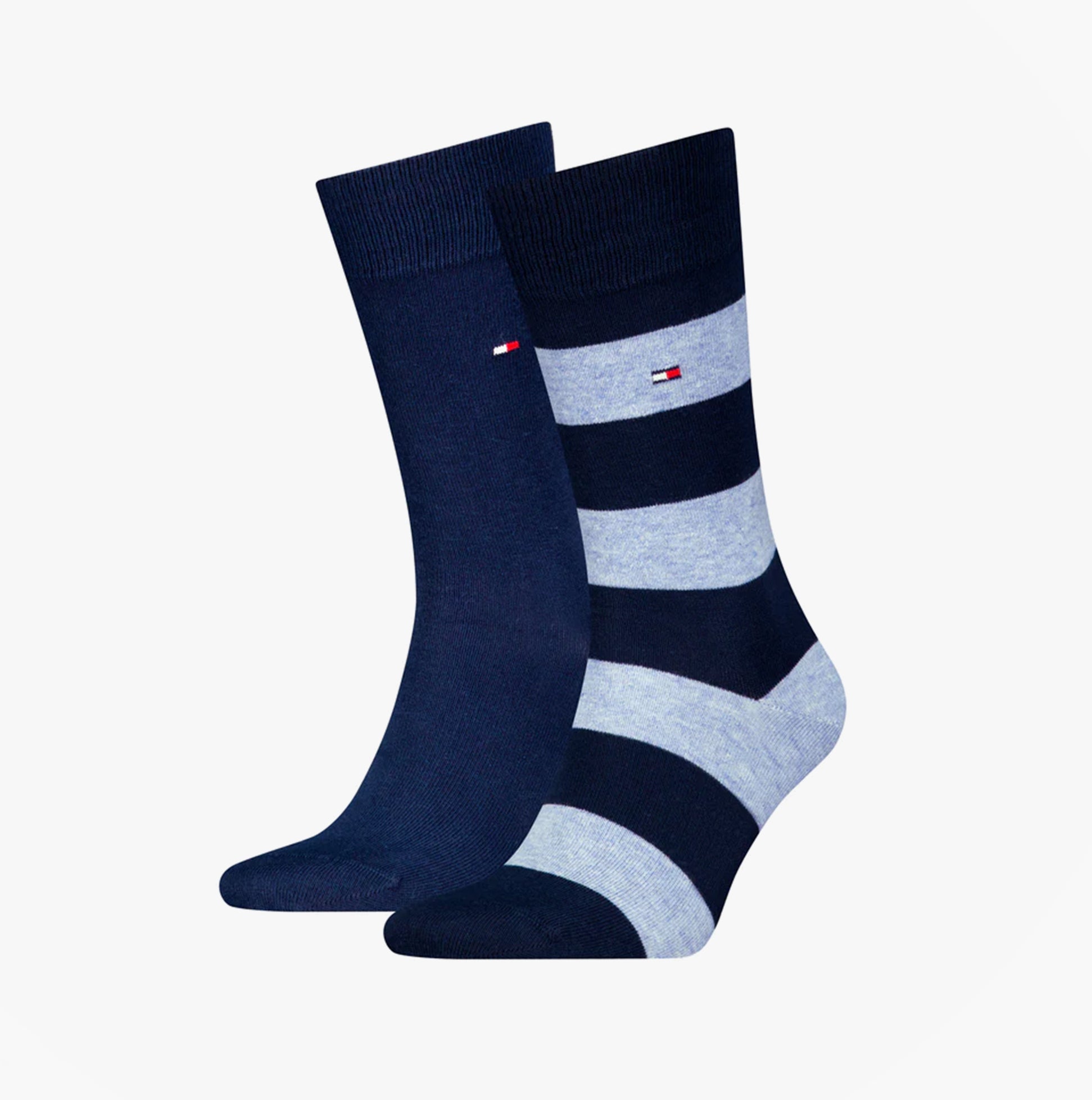 Tommy Hilfiger 2 Pack Mens Crew Stripe Socks Light Blue front view showing light blue striped and solid navy colors.