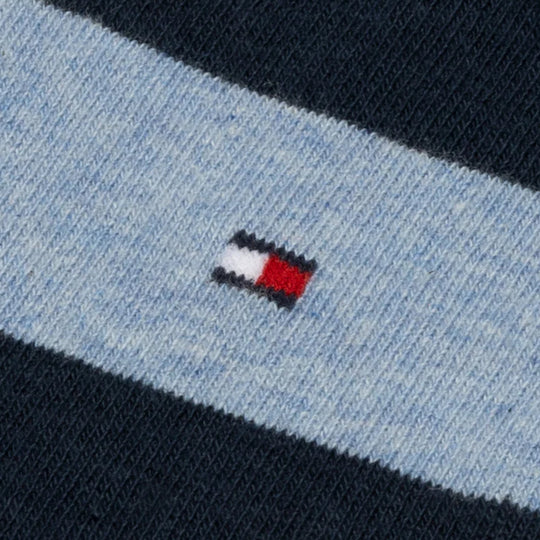 Tommy Hilfiger 2 Pack Mens Crew Stripe Socks Light Blue detail view of brand logo on sock fabric