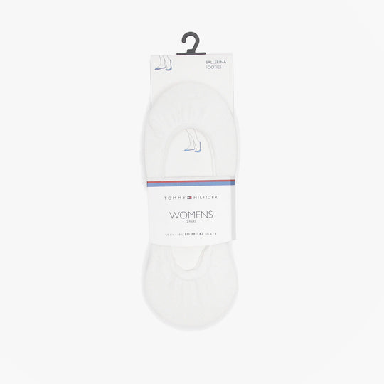 Tommy Hilfiger 2 Pack Womens Ballerina Socks White displayed in packaging, showing top view of socks.