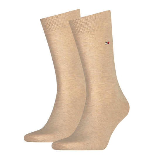 Tommy Hilfiger 2 Pack Mens Crew Classic Socks Beige front view highlighting the soft, beige cotton blend fabric.
