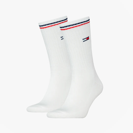 Tommy Hilfiger 2 Pack Trainer Mens Crew Socks White side view showing design and colors.