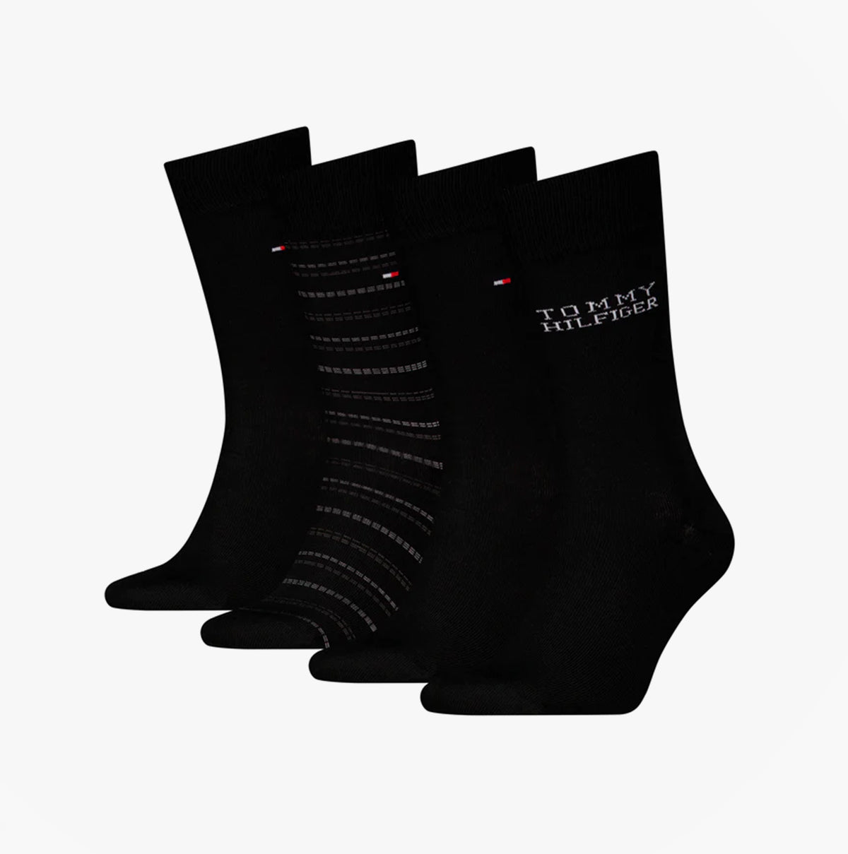 Tommy Hilfiger 4 Pack Giftboxed Classic Mens Crew Socks Black side view showing four styles of black crew socks.