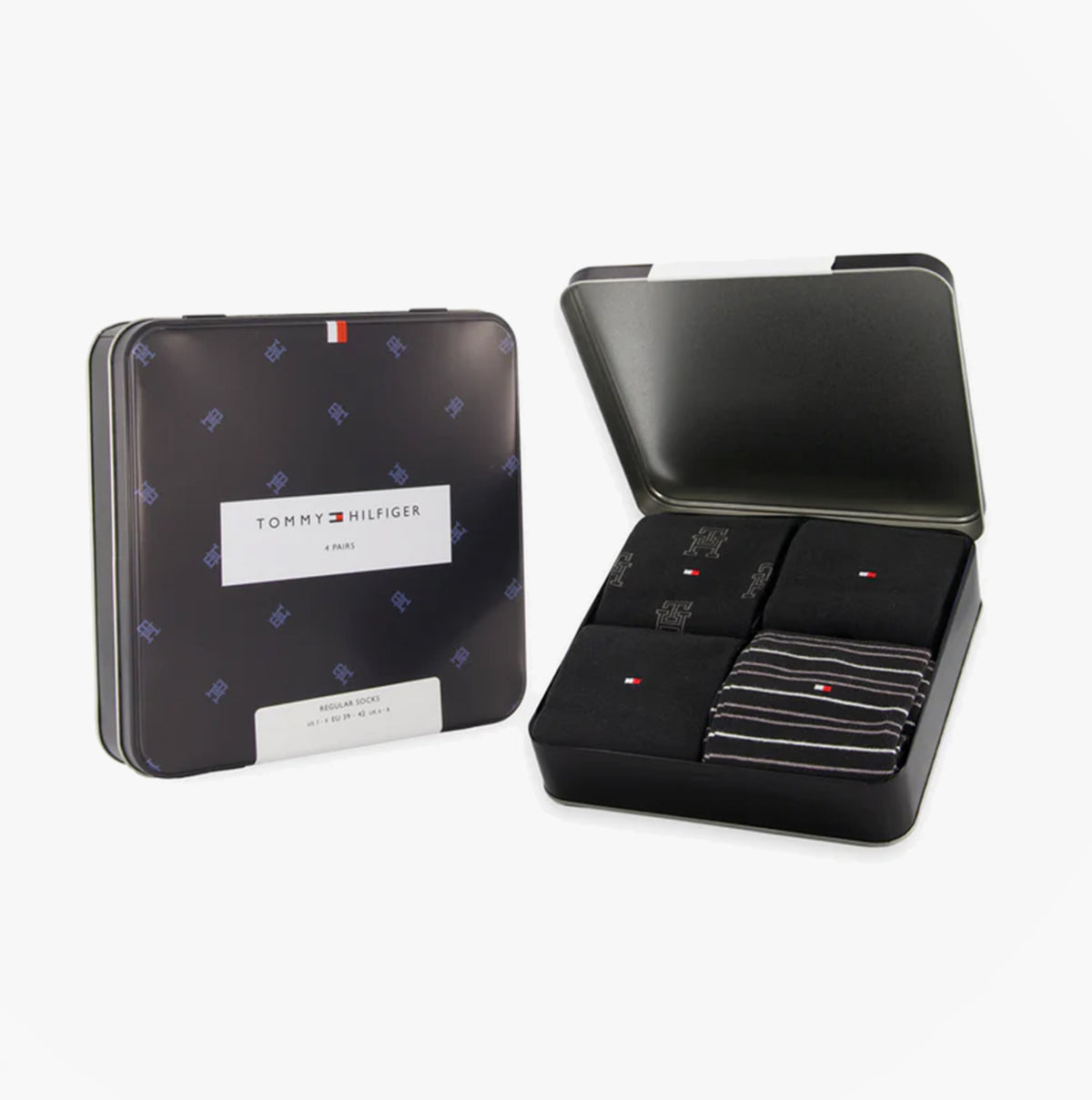 Tommy Hilfiger 4 Pack Giftboxed Classic Mens Crew Socks Black displayed in an open gift box showing socks inside.
