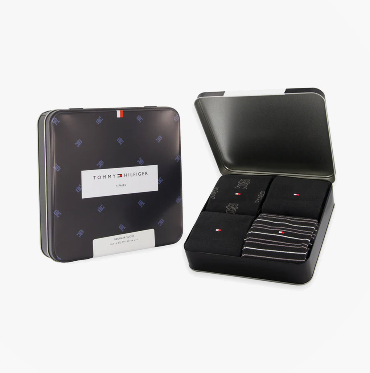 Tommy Hilfiger 4 Pack Giftboxed Classic Mens Crew Socks Black in opened gift box showcasing socks and stylish tin packaging.