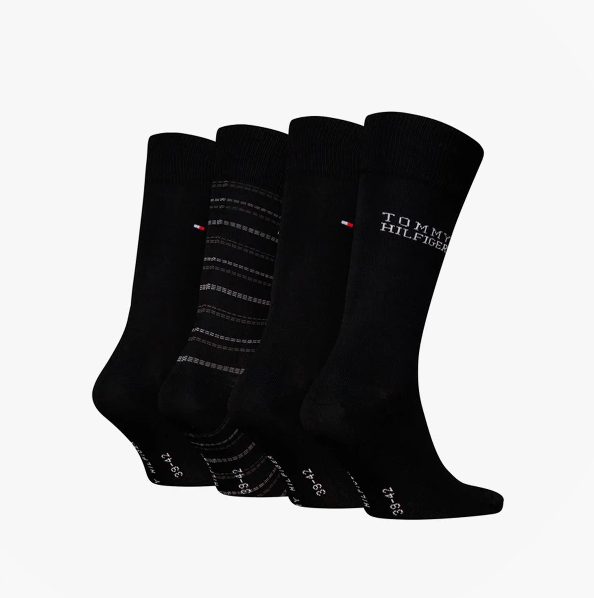 Tommy Hilfiger 4 Pack Giftboxed Classic Mens Crew Socks Black side view showing different styles and patterns.