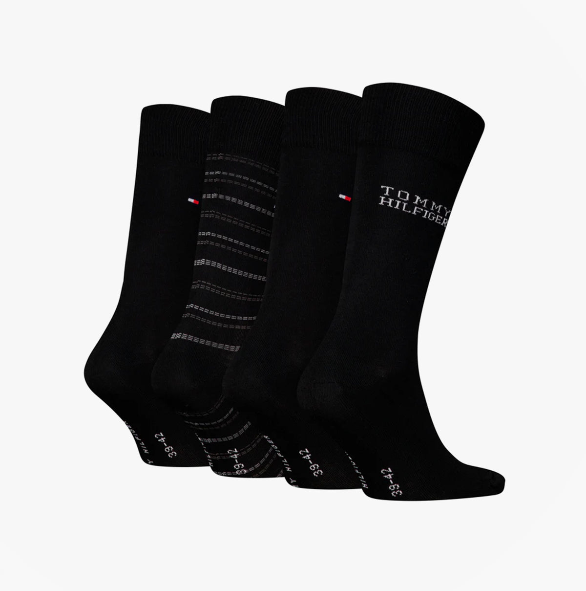 Tommy Hilfiger 4 Pack Giftboxed Classic Mens Crew Socks Black side view showcasing four pairs with different designs.