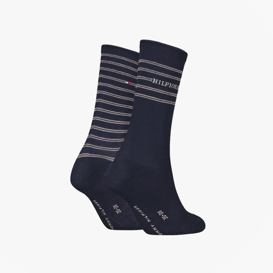 Tommy Hilfiger 2 Pack Stripe Womens Crew Socks Navy front view showcasing navy color and striped design.