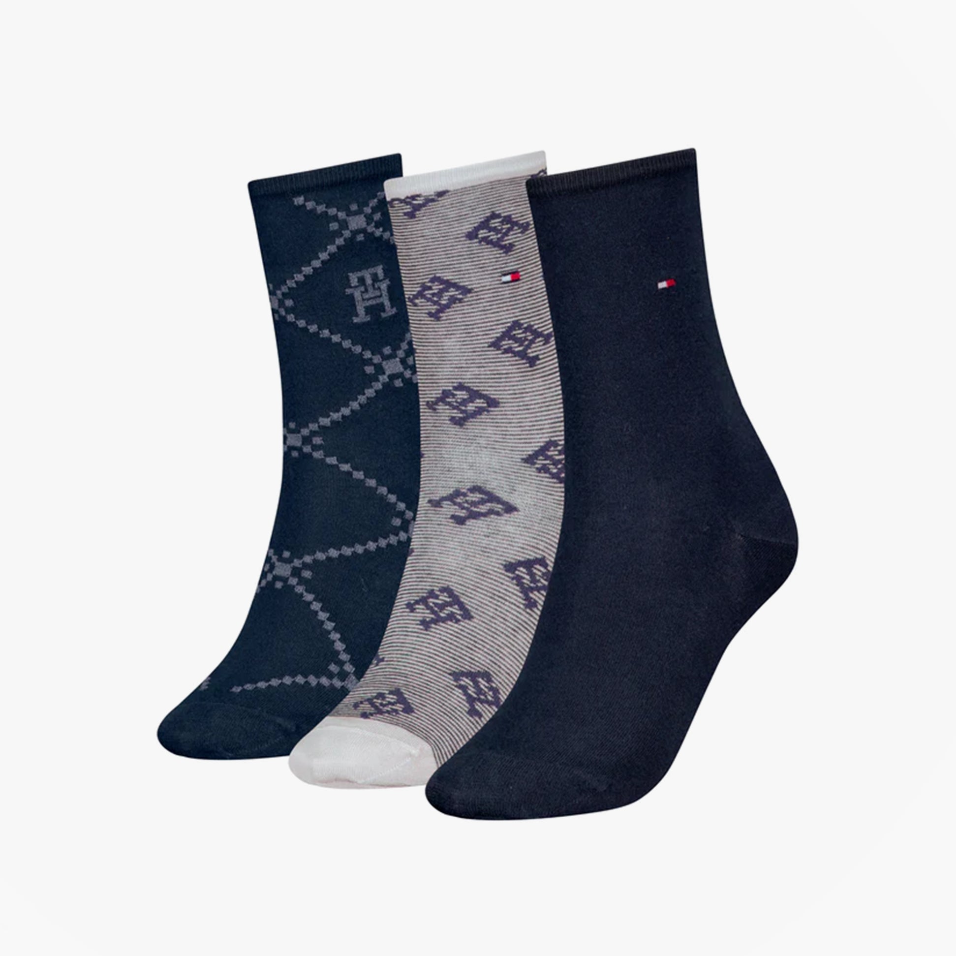 Tommy Hilfiger 3 Pack Giftboxed Monogram Womens Crew Socks Navy