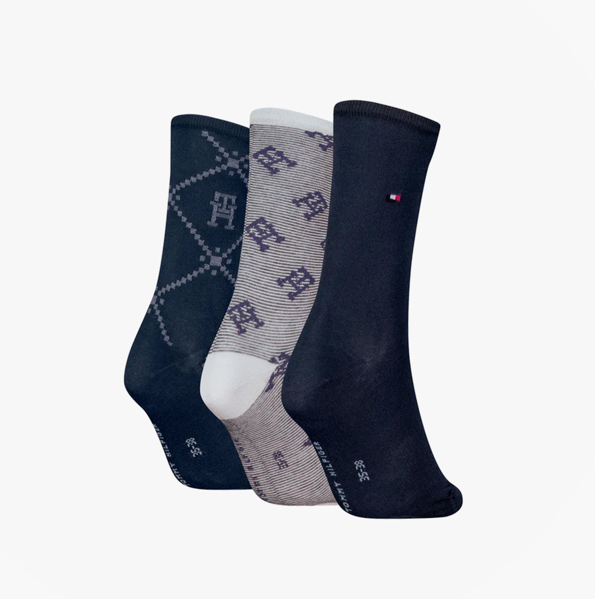 Tommy Hilfiger 3 Pack Giftboxed Monogram Womens Crew Socks Navy