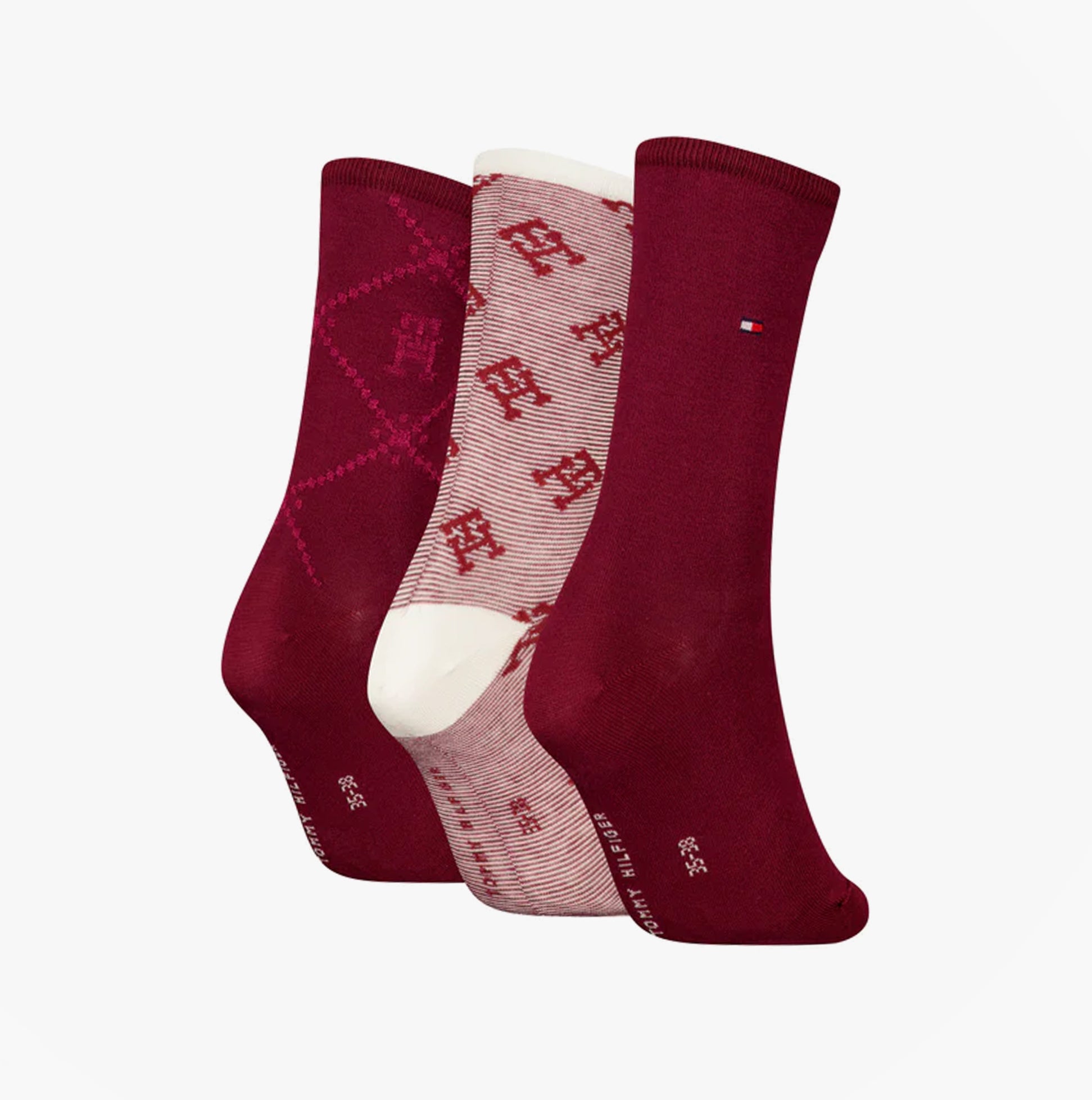 Tommy Hilfiger 3 Pack Giftboxed Monogram Womens Crew Socks Red