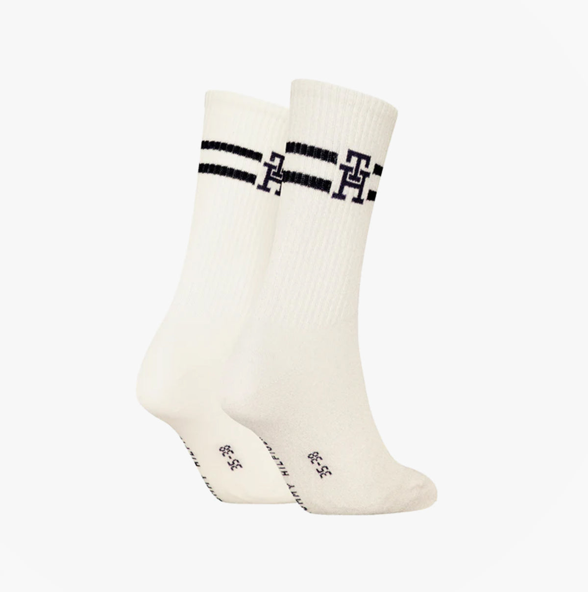 Tommy Hilfiger 2 Pack Trainer Womens Crew Socks White side view showing logo detail and stripe design.