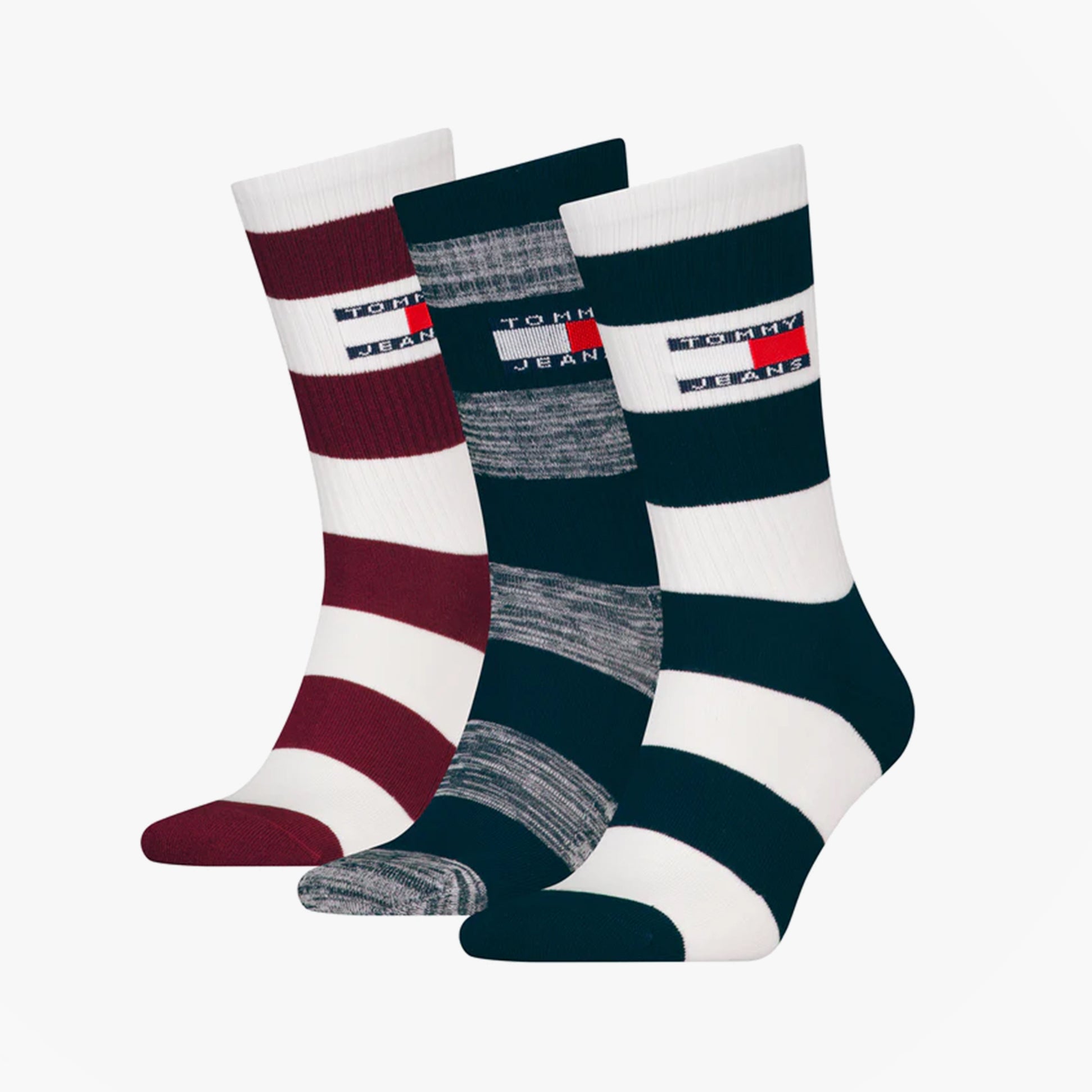 Tommy Hilfiger 3 Pack Trainer Stripe Mens Crew Socks Multi side view showing maroon, grey, and navy striped designs.