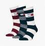 Tommy Hilfiger 3 Pack Trainer Stripe Mens Crew Socks Multi side view showing maroon, grey, and navy striped designs.