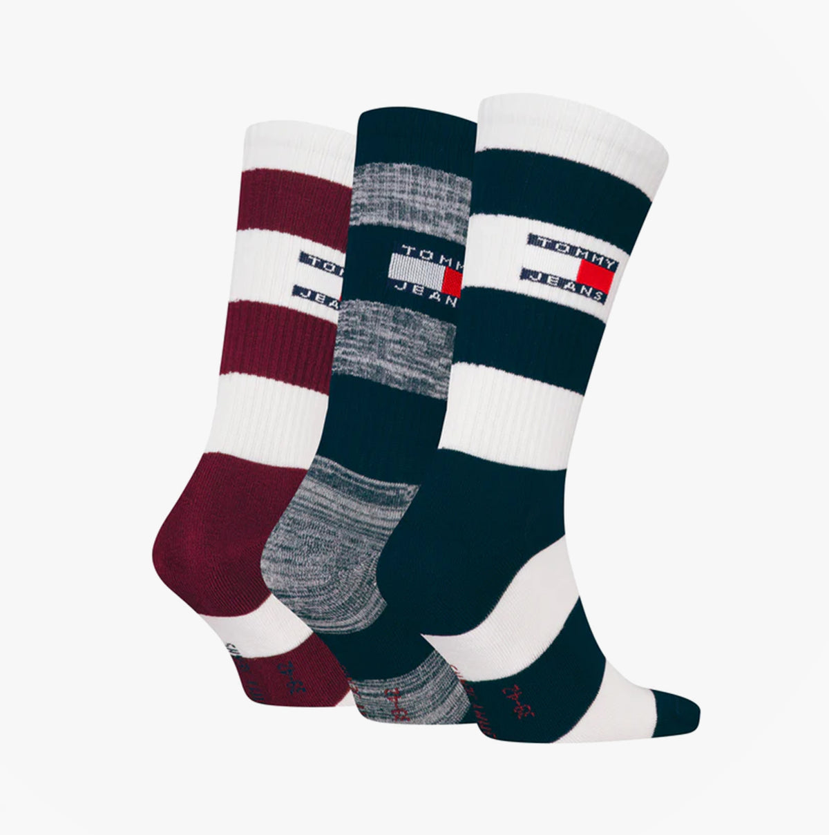 Tommy Hilfiger 3 Pack Trainer Stripe Mens Crew Socks Multi in a front view showcasing three color variations.